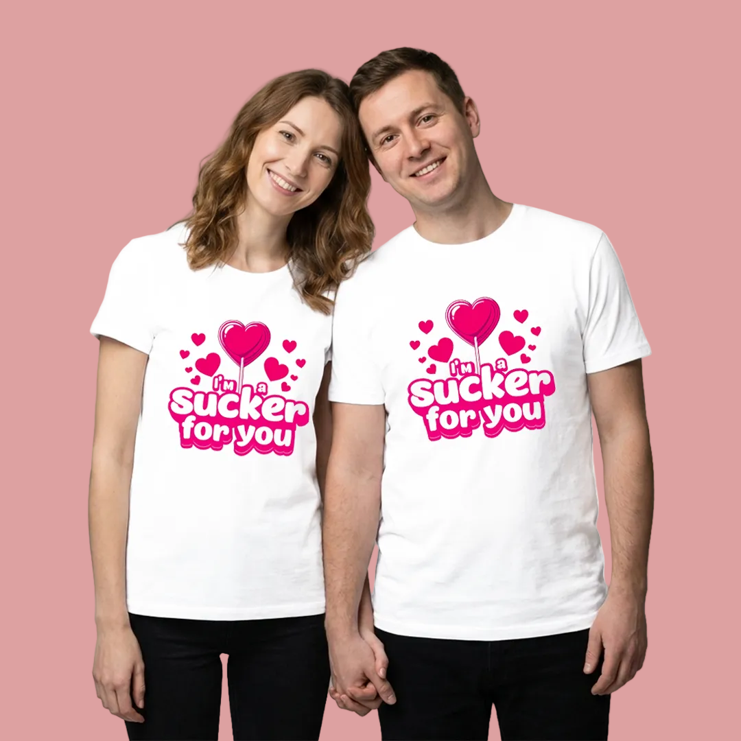 Valentine’s Day Matching Couple T-Shirts - "I'm a Sucker for You" Heart Lollipop Graphic Tees