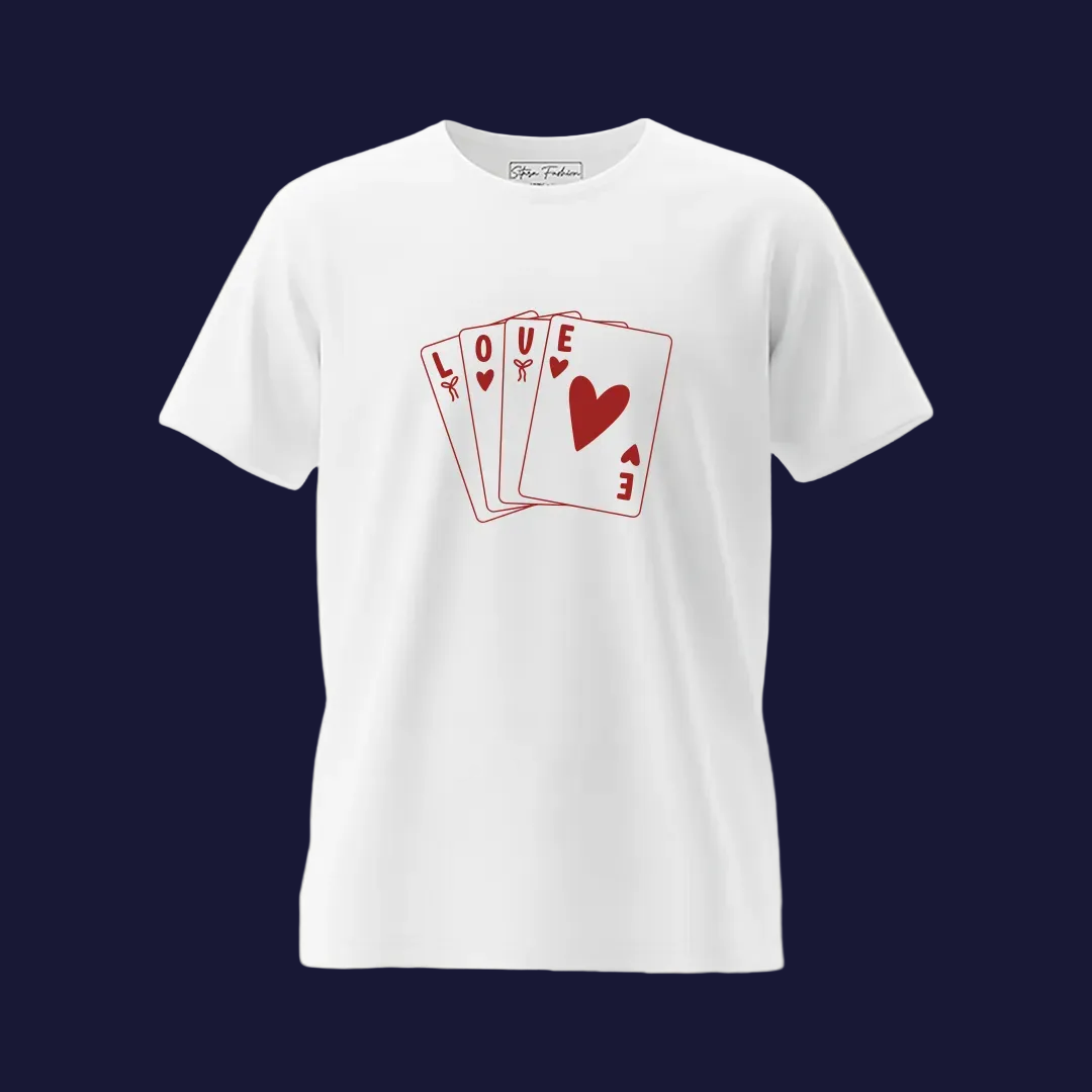 Valentine's Day Matching T-Shirts for Couples - Love Playing Card Graphic - White Short Sleeve Cotton Tees - Men's and Women's Tees