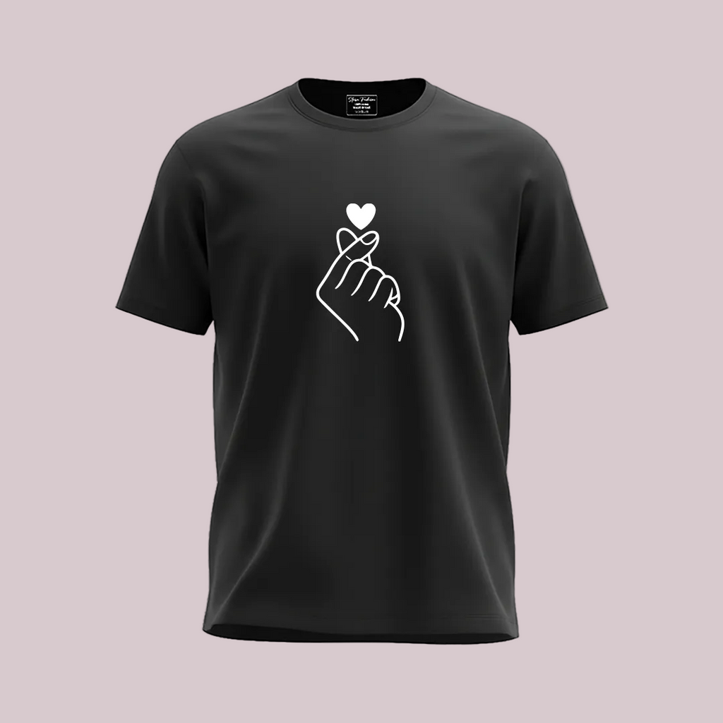 Korean Finger Heart Matching Couple T-Shirts - Valentine’s Day Gift White Cotton Tees, Minimalist Saranghae K-Pop T-Shirts